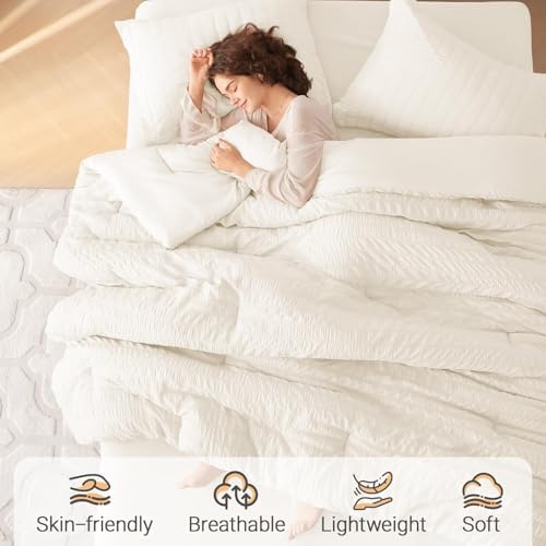 MUXHOMO Full Comforter Set 7 Pieces, Seersucker Bed in a Bag, Ivory