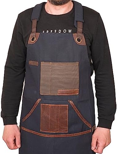 Cross Back Canvas Aprons With Pockets |Adjustable Leather Strap|Work