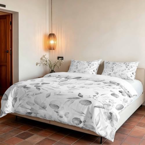 3 Pieces Duvet Cover Gradient Gray Eucalyptus Leaf Luxury Soft