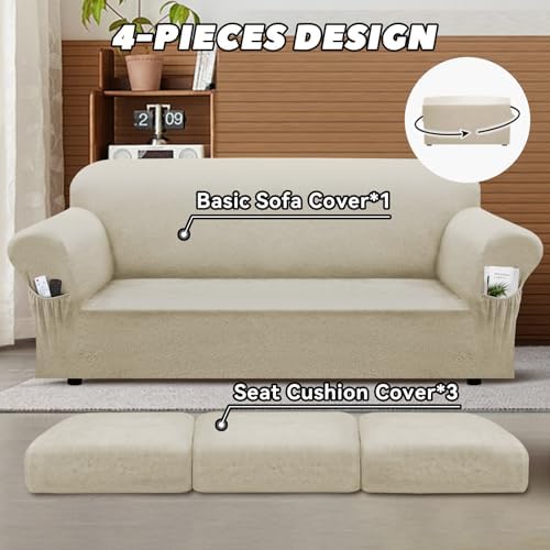 Sofa Slipcover with Armrest Pockets 4-Piece Set, Stretch Faux Leather