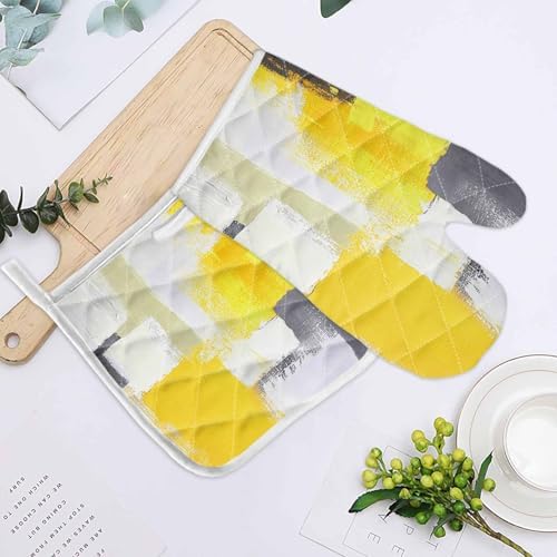 Quilted Cotton Terry Cloth Oven Mitt, Pot Holder Yellow Gray White