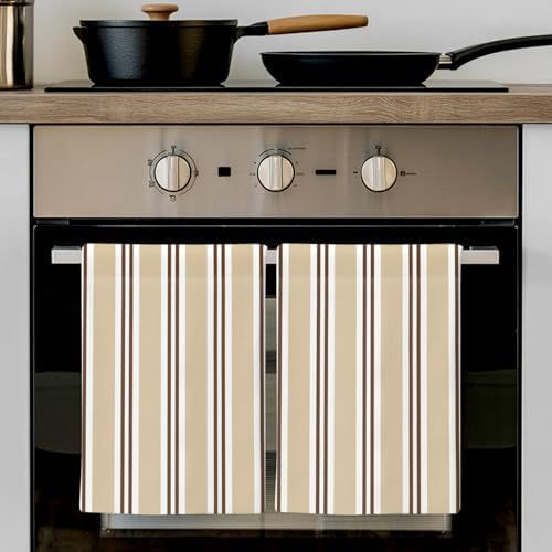 Sand Beige Stripes Kitchen Towels Set of 4, Brown White Khaki Lines