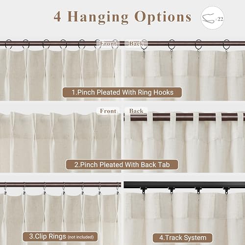 Joywell Linen Pinch Pleated Window Curtains 63 Inch Long,Back Tab Clip