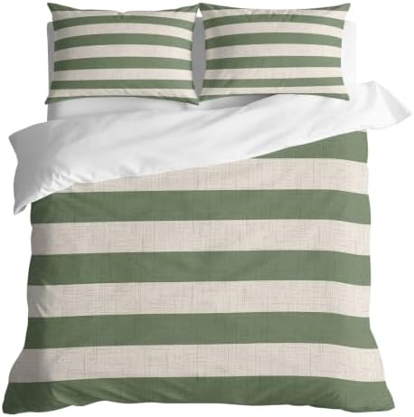 3 Pieces Duvet Cover California King Bedding Sets Sage Green Stripe