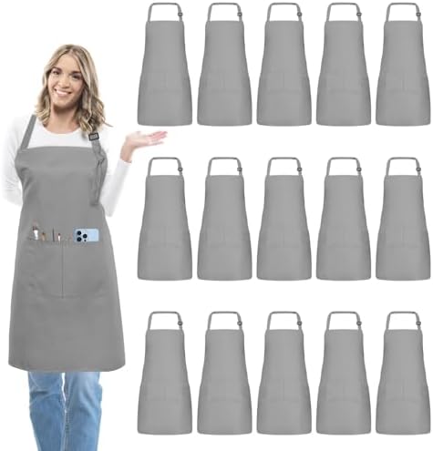 15-Pack Adult Aprons for Women Men, Adjustable Strap, 2 Pockets