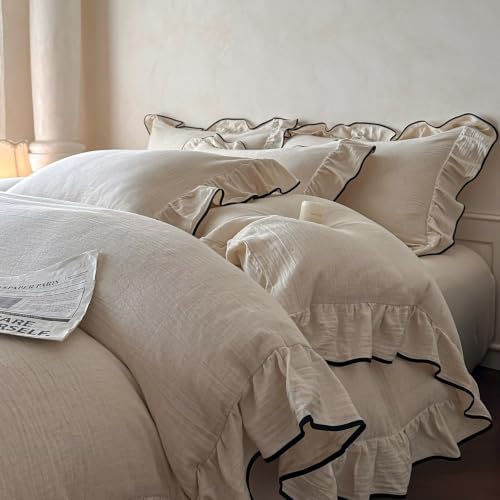 Linen Cotton Duvet Cover King,French Ruffled Bedding Set 3pcs