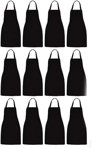 12 Pack Bib Apron - Unisex Black Apron with 2 Roomy Pockets Machine