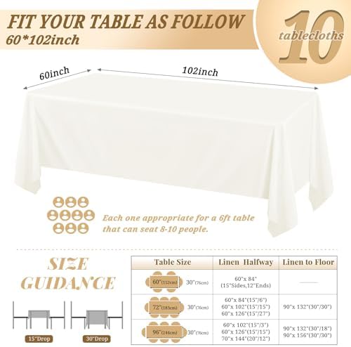 10 Pack 60 x 102 Inch Rectangle Tablecloth, Ivory Tablecloth for