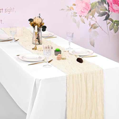 YMHPRIDE 8 Pack Ivory Table Runner 20x120 inch Cheesecloth Table