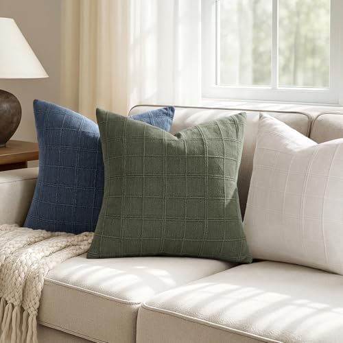 Set of 2 Linen Plaid Pillow Covers 18x18 Inch, Light Olive Green