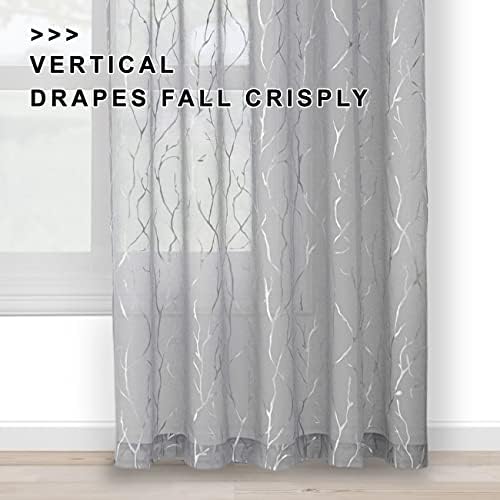 FINECITY Grey Sheer Curtains with Silver Branch W52 x L63 Inch, 2
