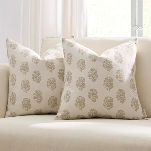 Meekio Floral Block Print Pillow Covers 20x20 Set of 2, Beige and