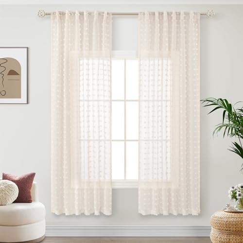 Beige Sheer Curtains 63 Inch Length for Bedroom Living Room Kids