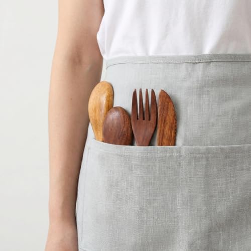100% Linen Waist Apron with Pockets, Adjustable Bistro Half Apron for