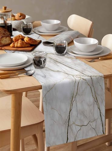 Marble Table Runner-Cotton Linen-Long 120 inche White Gray Gold