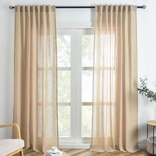 FINECITY Taupe Linen Curtains 63 Inch Length for Bedroom, 2 Panels