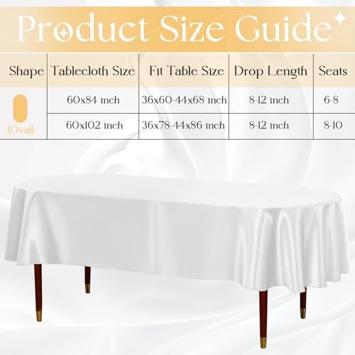 White Satin Oval Tablecloth 60 x 102 Inch for 8-10 Seats