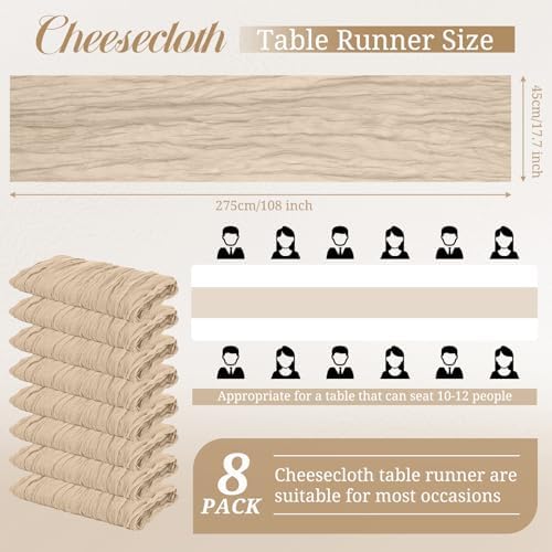 8 Pack Beige Cheesecloth Table Runners, 17 x 108 Inches Boho Wedding