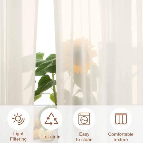 Cream Sheer Curtains 108 Inches Long, Solid Color Farmhouse Aesthetic
