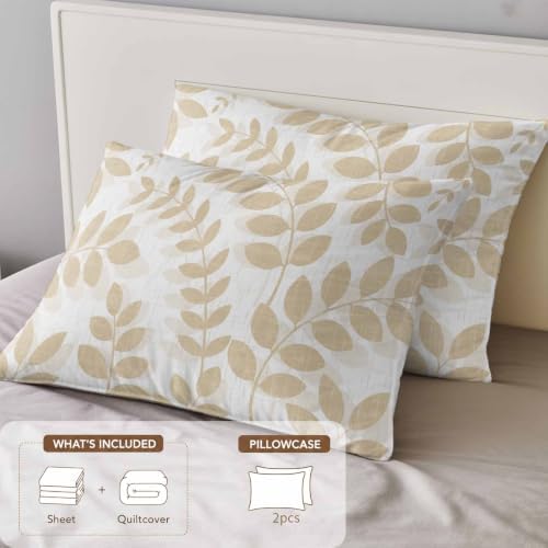 Beige Leaves King 4 Piece Duvet Cover Set, Summer Farmhouse Botanical
