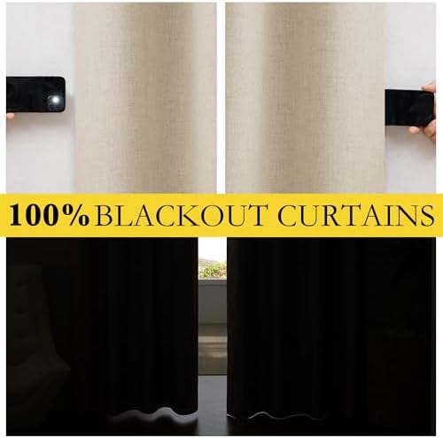 NICETOWN Cream Full Blackout Boho-Chic Linen Curtains 84 inch Long 2