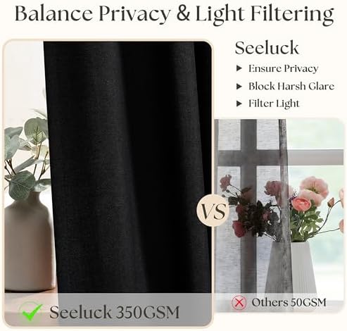 Black Pinch Pleated Semi Sheer Linen Curtains 84 Inch Long for Bedroom
