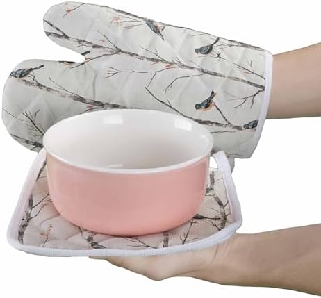 Quilted Cotton Terry Cloth Oven Mitt, Pot Holder Retro Tree Branches