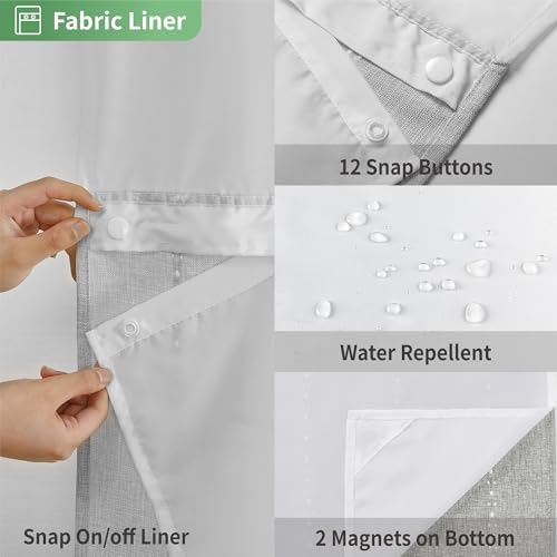 eachope Grey Farmhouse No Hook Shower Curtain Set with Snap-in Fabric