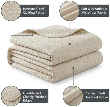 Beige Quilted Throw with Scalloped Edges, 60x72 inch Cotton Quilt Set