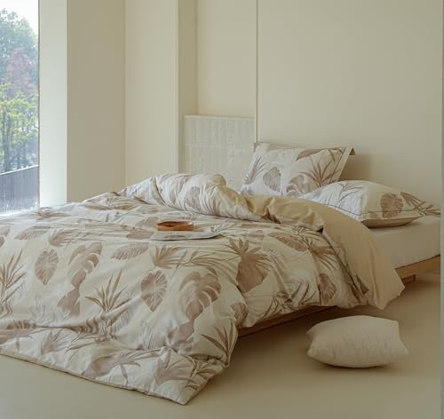 Queen Duvet Cover Set, 100% Cotton Beige Botanical Leaf Printed