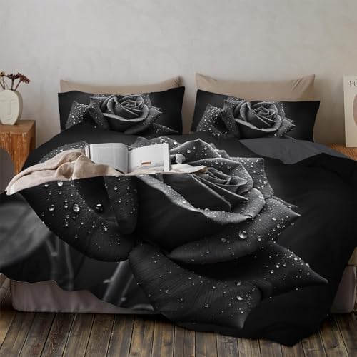 Realistic Dewdrop Rose Duvet Cover King 3Pcs, Breathable Microfiber