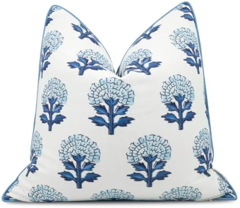 Marigold Floral Print 22x22 Throw Pillow Cover, Blue