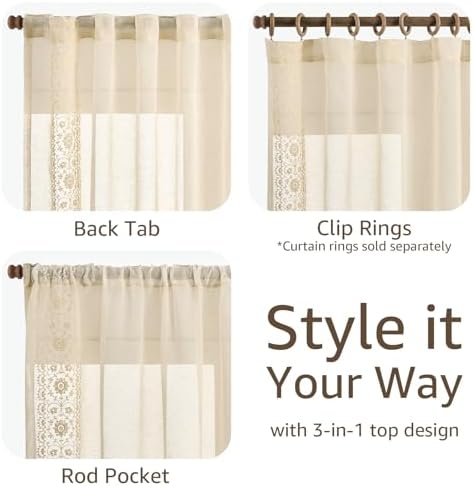 jinchan Floral Linen Curtains, Back Tab 54x96 Inch, 2 Panels Ivory