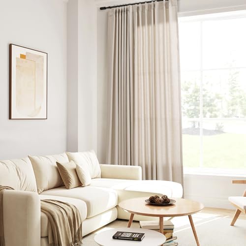 Oatmeal Beige Pinch Pleated Linen Curtains 84 Inch Length 2 Panels Set