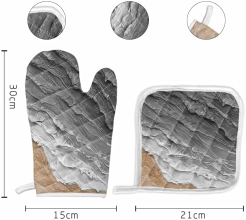 Quilted Cotton Terry Cloth Oven Mitt, Pot Holder Grey Ocean Beach Oil