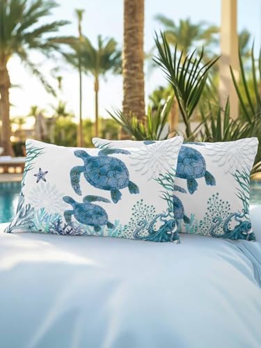 Throw Pillows 12x20 Set of 2, Ocean Blue Turtles Waterproof Outdoor