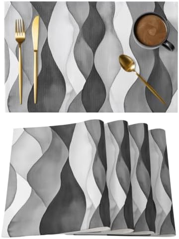 Gray Ripple Placemats Set of 6 Abstract Gradient 13x19 Inch Washable