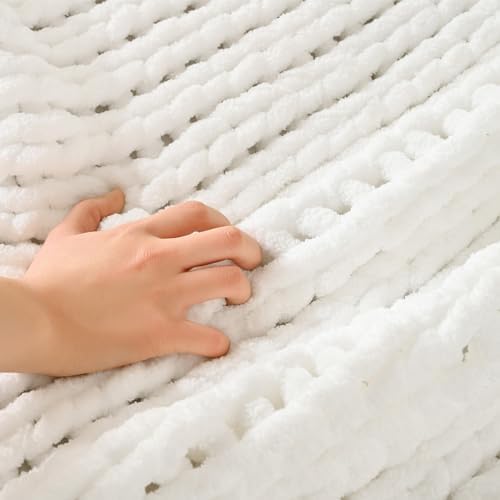 Esterra 100% Hand Knitted Chenille Throw Blanket, 50"x60", White