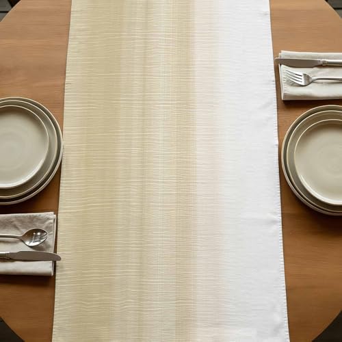 Beige White Stripes Table Runner Linen Burlap Table Runner 72 Inches