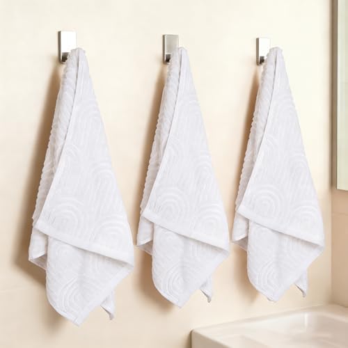 White Hand Towels Set of 3 Striped Pattern 100% Cotton Absorbent Soft