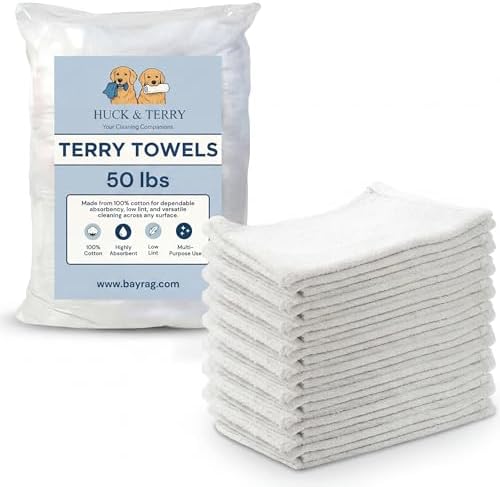 Terry Cloth Cleaning Rags (50 lbs, 300 pcs), 100% Cotton Shop Towels