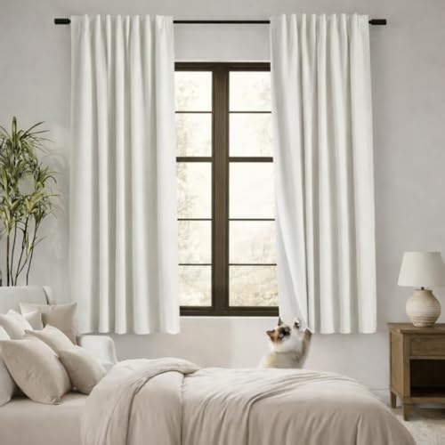 Linen Black Out Curtains 63 Inch Long, Cat Proof Back Tab Blackout