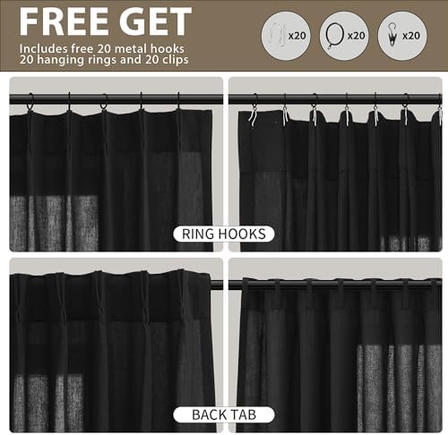 Black Pinch Pleated Linen Curtains 84 inches Long 2 Panels for Living
