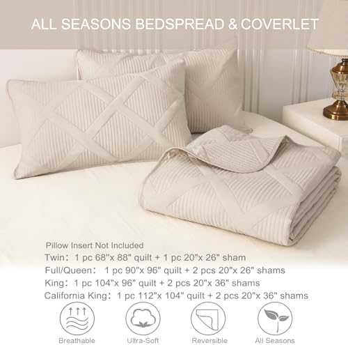 Exclusivo Mezcla 3-Piece Soft Quilt King Size Bedding Set, Beige Cream