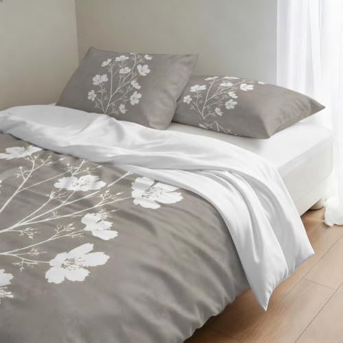 Gray Floral Blossom Duvet Cover Set 3 Pieces with Zipper Closure