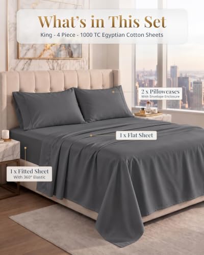 LANE LINEN King Size Sheets 100% Egyptian Cotton Sateen - Charcoal