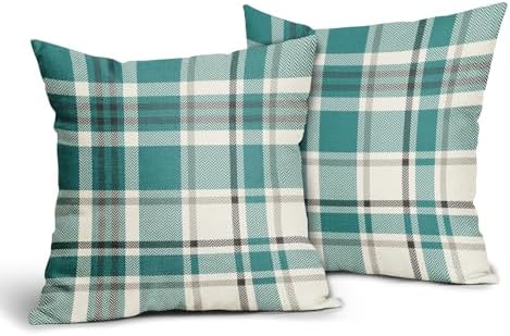 Teal Plaid Pillow Covers 22x22 Set of 2 Christmas Buffalo Checkered