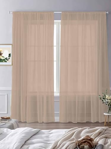 Beige Solid Color Sheer Curtains 108 Inch Length 2 Panels, Aesthetics