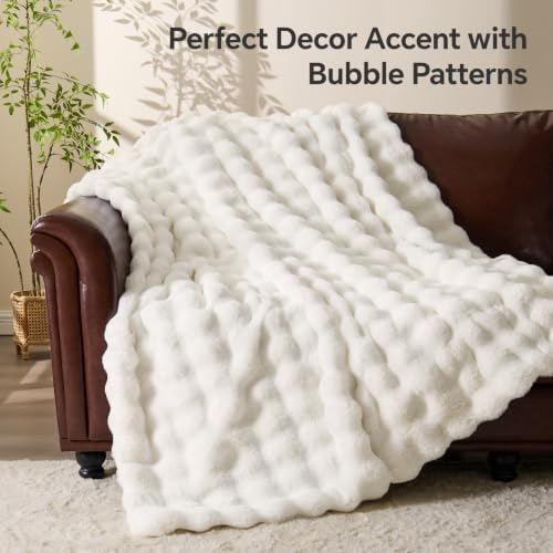 BEDELITE Faux Fur Throw Bubble Blanket for Couch, 60" x 80", Cream