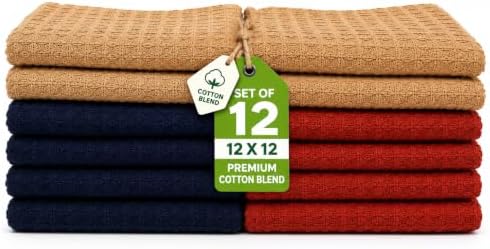 Waffle Weave Dish Cloths Set of 12, Beige Navy Rust, Cotton Blend